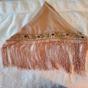 Bijoux Terner Floral Embroidered Fringe Scarf - Tan and Green